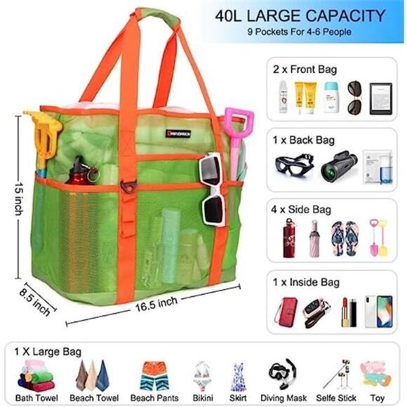 Mesh Beach Bag 40L Large with 9 Pockets Bag Green and Orange - Picture 3 of 6